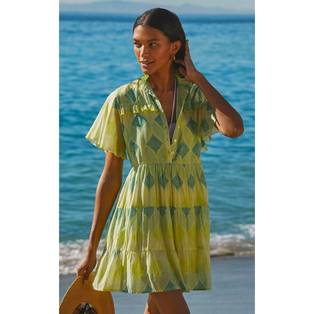 Anthropologie Ros Garden Mini Dress Green Vibeka Vacay Beach Preppy Size M NWT